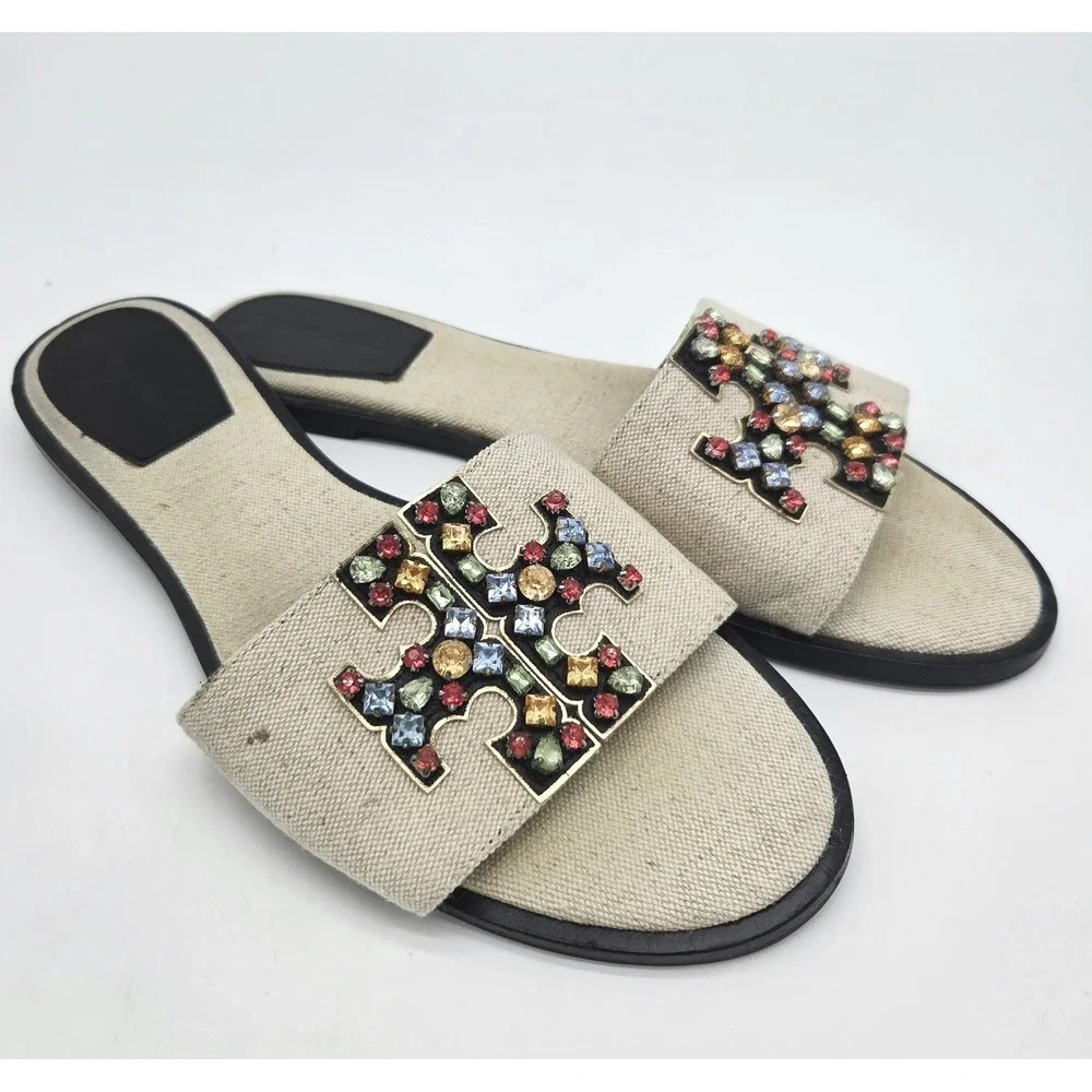 Tory Burch Ines Embellished Linen Slides Slip on Sandals in Natural Size 11